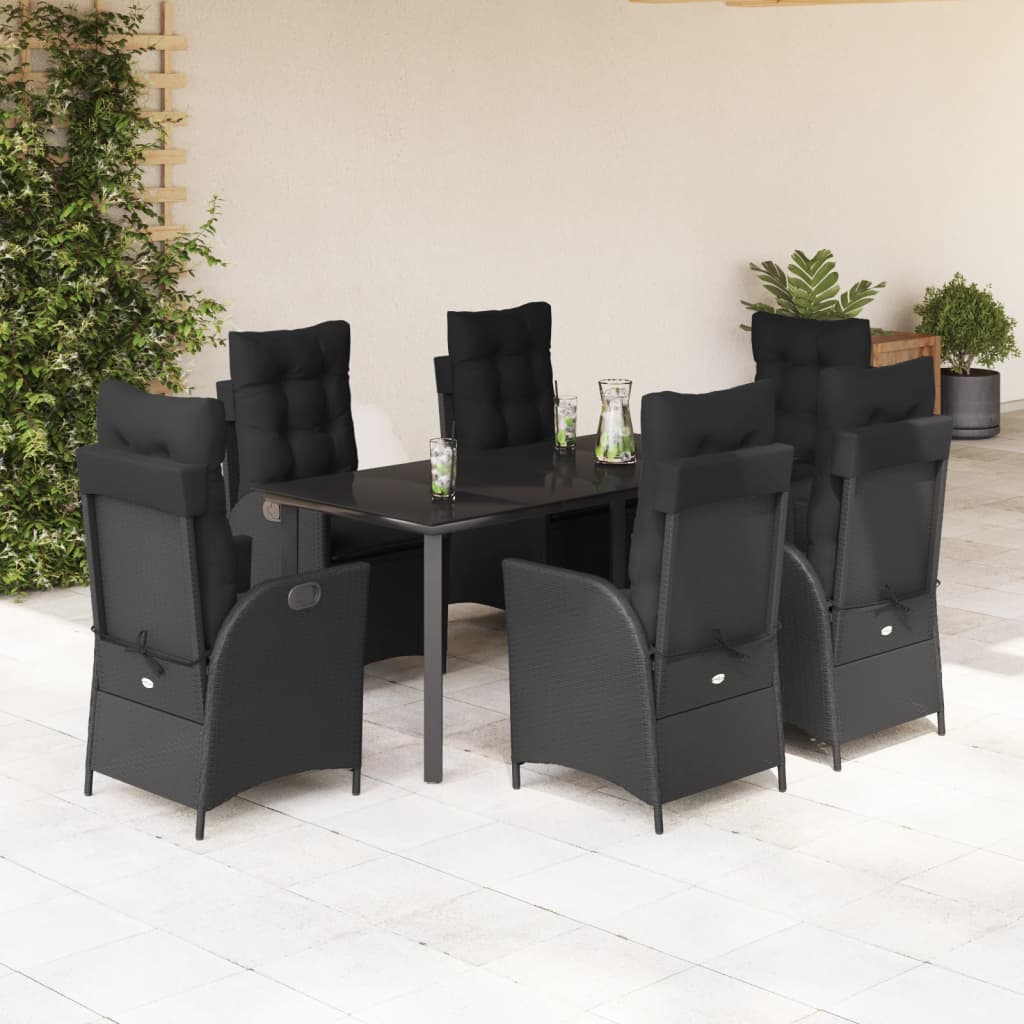 7-tlg. Garten-Essgruppe mit Kissen Schwarz Poly Rattan